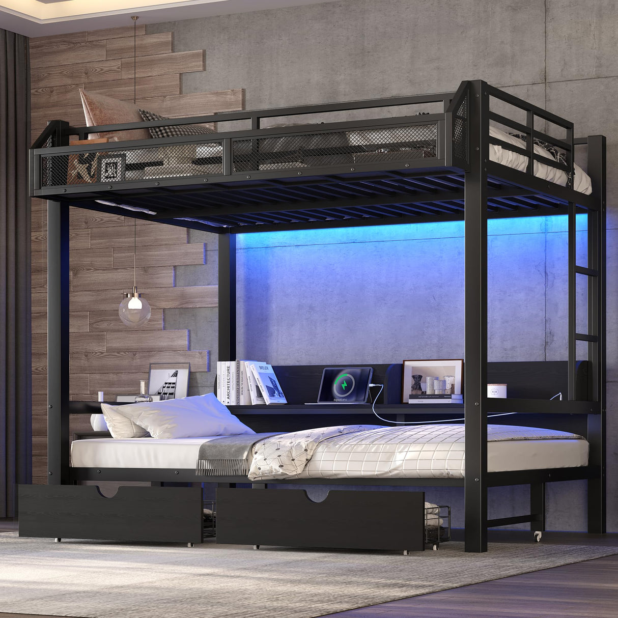 Full over Full Bunk Bed with Storage Drawers and Shelves, Metal Bunk Beds with USB Ports and LED Lights, Lower Bed that can be converted into a sofa for Bed Room,Guest Room,Dormitory.(Black) Harper & Bright Designs