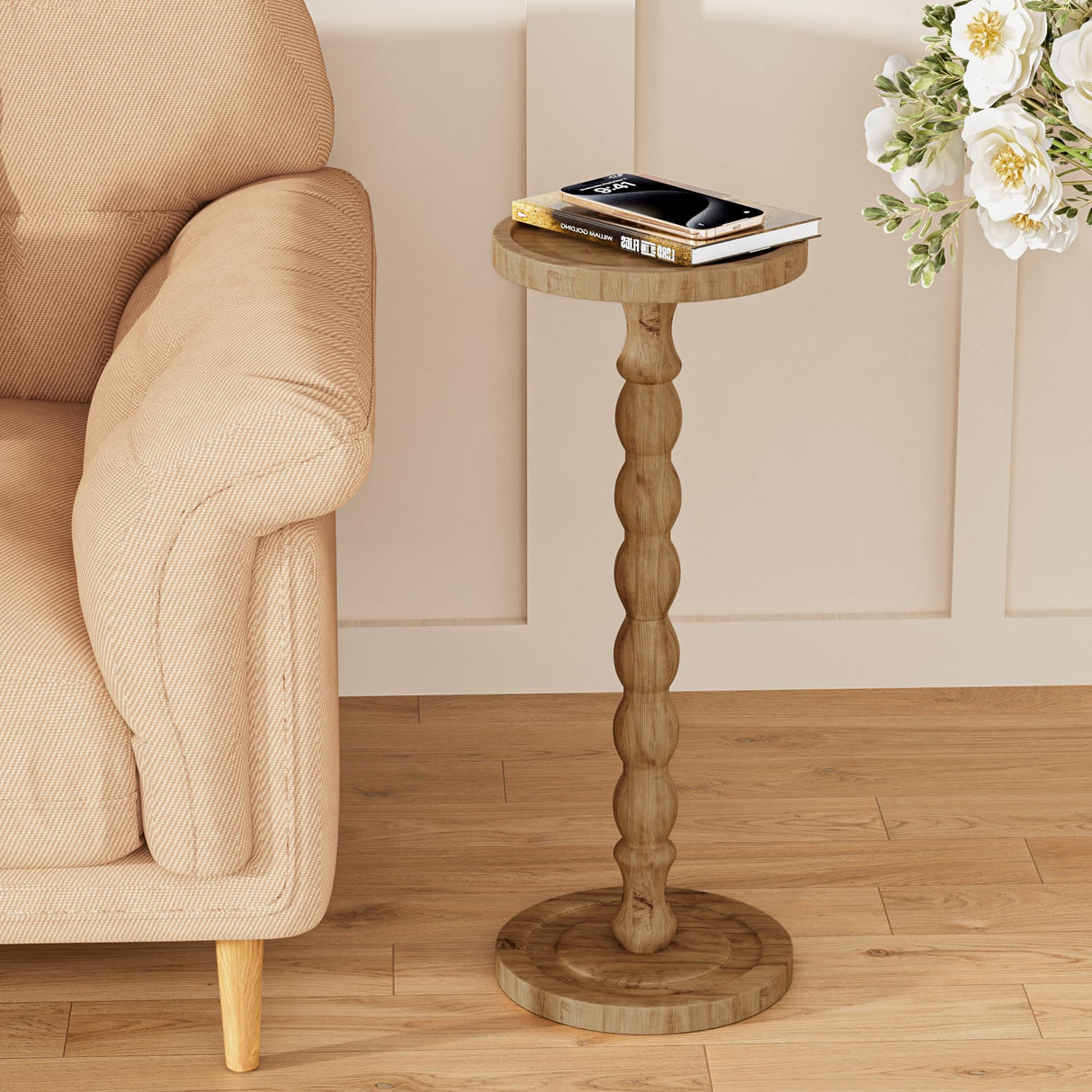 iFaveorr Small Side Table, Rubberwood‌ Drink Table for Small Spaces, Solid Wood Pedestal Coffee Tables, Round End Tables for Living Room, Sofa Couch, Bedroom, Corners, and Office (Brown, 9.4 inch) iFaveorr