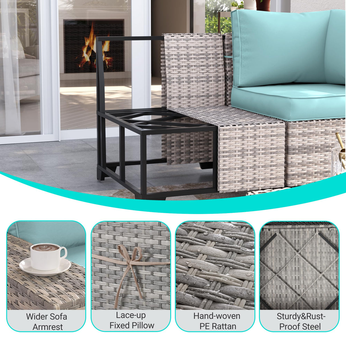 Muphyers 16-Piece Outdoor Patio Furniture Set with Rocking Swivel Chair, PE Wicker Rattan Sectional Sofa Patio Conversation Set with 55,000 BTU Fire Pit Table & Coffee Table, Light Blue Muphyers