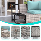 Muphyers 16-Piece Outdoor Patio Furniture Set with Rocking Swivel Chair, PE Wicker Rattan Sectional Sofa Patio Conversation Set with 55,000 BTU Fire Pit Table & Coffee Table, Light Blue Muphyers