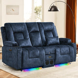 Houjud Power Reclining Loveseat Recliner Sofa with Console, Wall-Hugger RV Couch with USB Ports, Cup Holders, Bluetooth Speakers & Ambient Lighting for Home Theater or Camper, Velvet, Blue Houjud