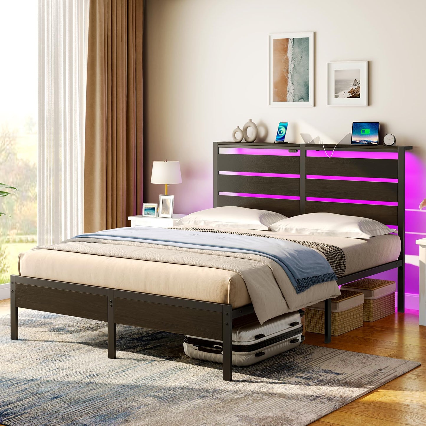 Rolanstar Bed Frame Full Size with USB Charging Station, LED Bed Frame with Wood Storage Headboard, Black Metal Platform Bed with Under Bed Storage, No Box Spring Needed, Noise Free