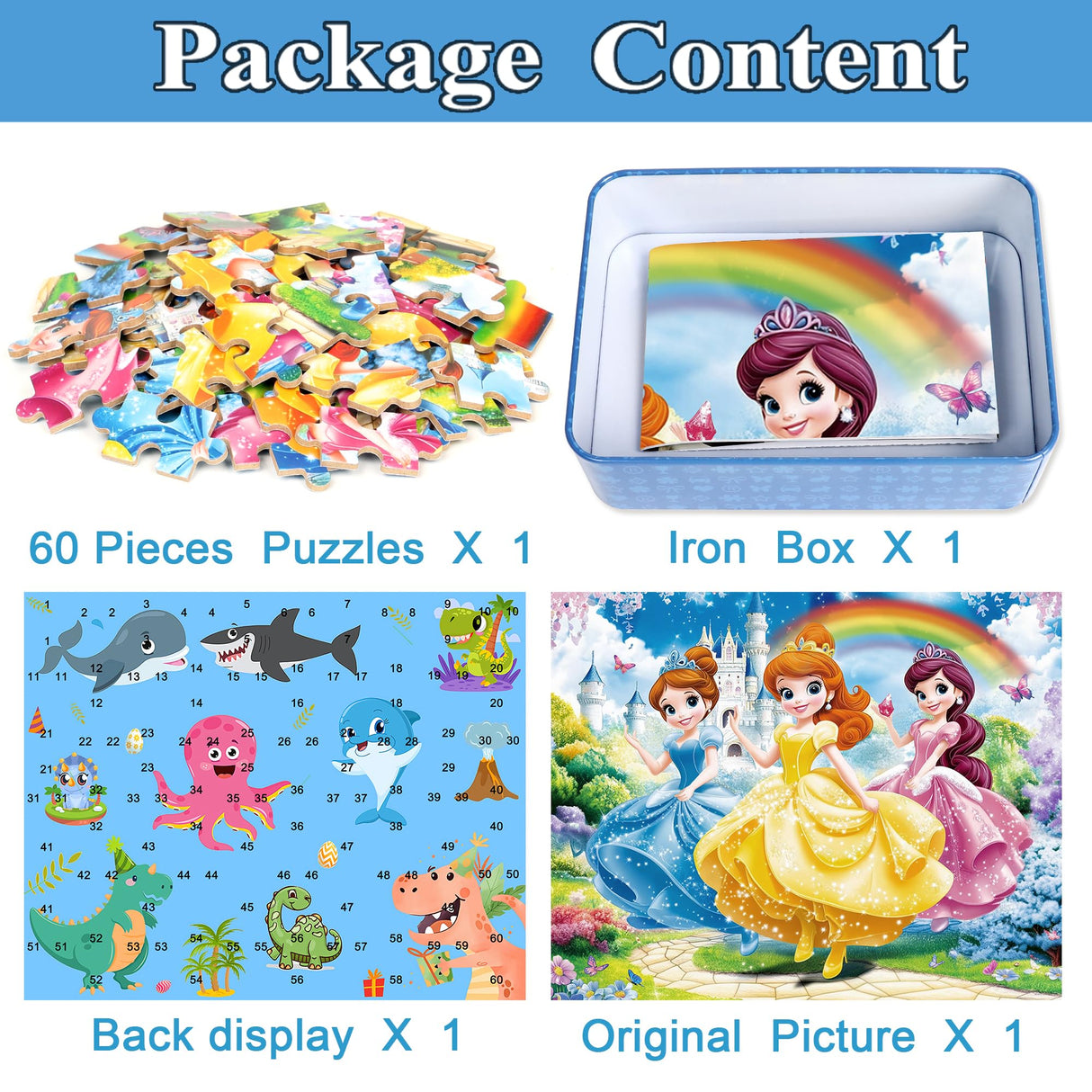 MZZOTOY Princess Puzzles for Kids Ages 4-8, 60 Pieces Jigsaw Puzzles for Kids Ages 3-5 Puzzle for Girls and Boys Learning Educational Puzzles Toys in a Metal Box MZZOTOY