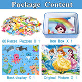 MZZOTOY Princess Puzzles for Kids Ages 4-8, 60 Pieces Jigsaw Puzzles for Kids Ages 3-5 Puzzle for Girls and Boys Learning Educational Puzzles Toys in a Metal Box MZZOTOY