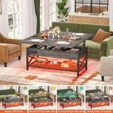 Aheaplus Coffee Table Lift Top Multi-Function Coffee Table Converts to Dining Table, with LED Light and Power Outlet, Center Table with Shelves for Living Room Reception Home Office, Black Oak Aheaplus
