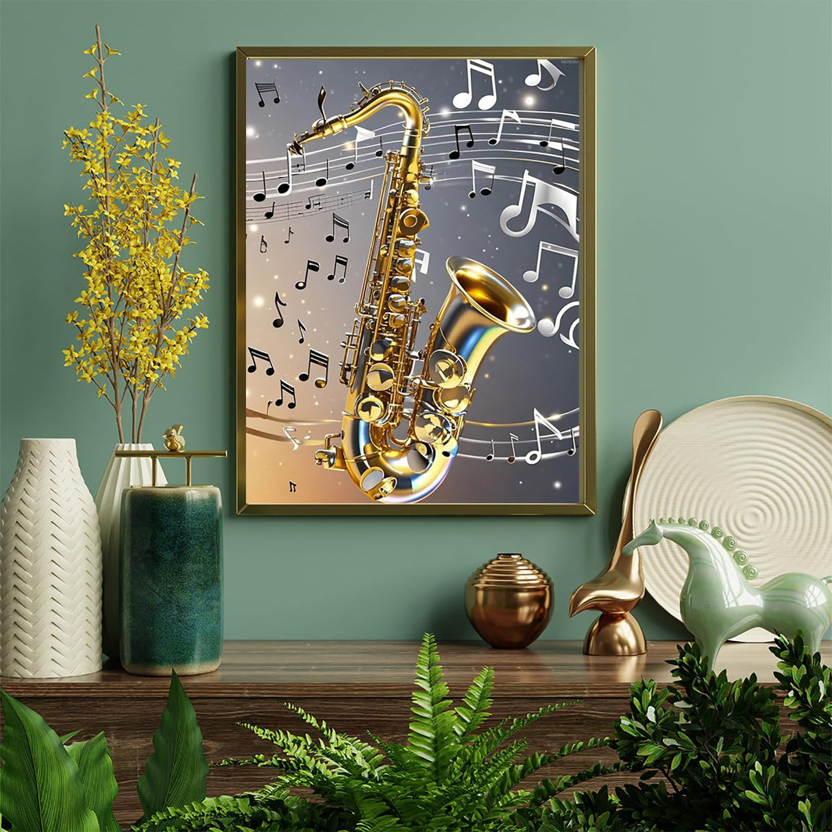 Diamond Painting Saxophone with Music Notes 5D Diamond Art DIY Kits Full Round Drill Beads by Number Mosaic Embroidery Arts and Crafts for Living Room Home Wall Decor 12x16 inch/30x40cm KAYEIUU