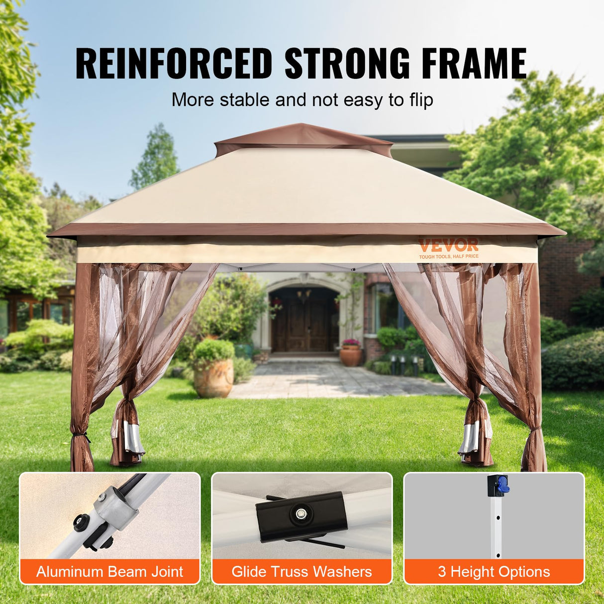 VEVOR Pop up Gazebo for 8-10 Person, with Mosquito Netting, Metal Frame, and PU Coated 250D Oxford Cloth, Outdoor Canopy Shelter for Patio, Backyard, Lawn, Garden, Deck, 11 x 11 FT, Brown VEVOR