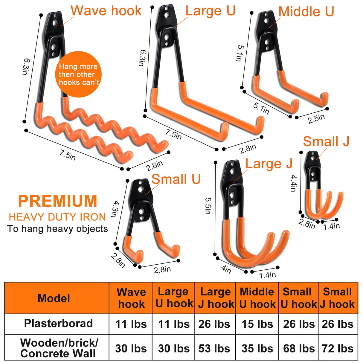 AOBEN Garage Hooks,24Pack Heavy Duty Garage Hanger Organizer Anti-Slip Double Wall Garage Storage Hooks for Ladder, Power Tool,Bike,Ropes (23 Hooks & 1 hoder Strap)-Orange AOBEN