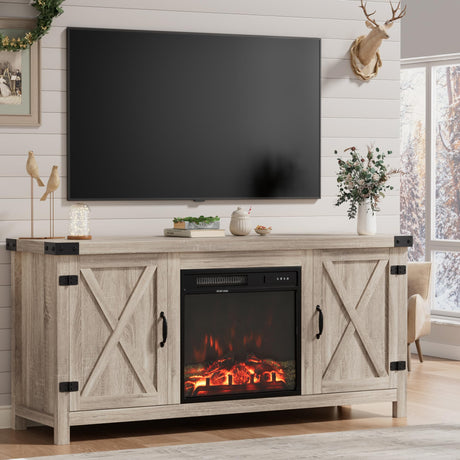 Furmax Fireplace TV Stand for Up to 65 Inches TVs, Farmhouse Entertainment Center with Grooved Barn Doors, Rustic Media Console Table with Storage Cabinets for Living Room (Natural Oak) Furmax