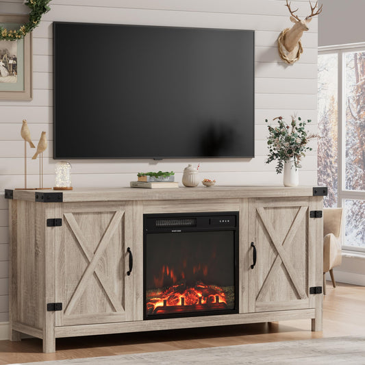 Furmax Fireplace TV Stand for Up to 65 Inches TVs, Farmhouse Entertainment Center with Grooved Barn Doors, Rustic Media Console Table with Storage Cabinets for Living Room (Natural Oak) - WoodArtSupply