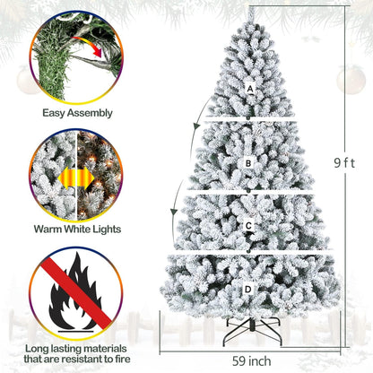 Hykolity 9 ft Snow Flocked Christmas Tree, Artificial Christmas Tree with 2100 Tips, 600 Warm White Lights, Metal Stand and Hinged Branches