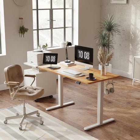 FAMISKY Height Adjustable Standing Desk, 48x 24 Inch Electric Stand up Home Office Table, Sit Stand Desk Computer Workstation with Splice Board, White Frame & Light Rustic Brown Desktop FAMISKY