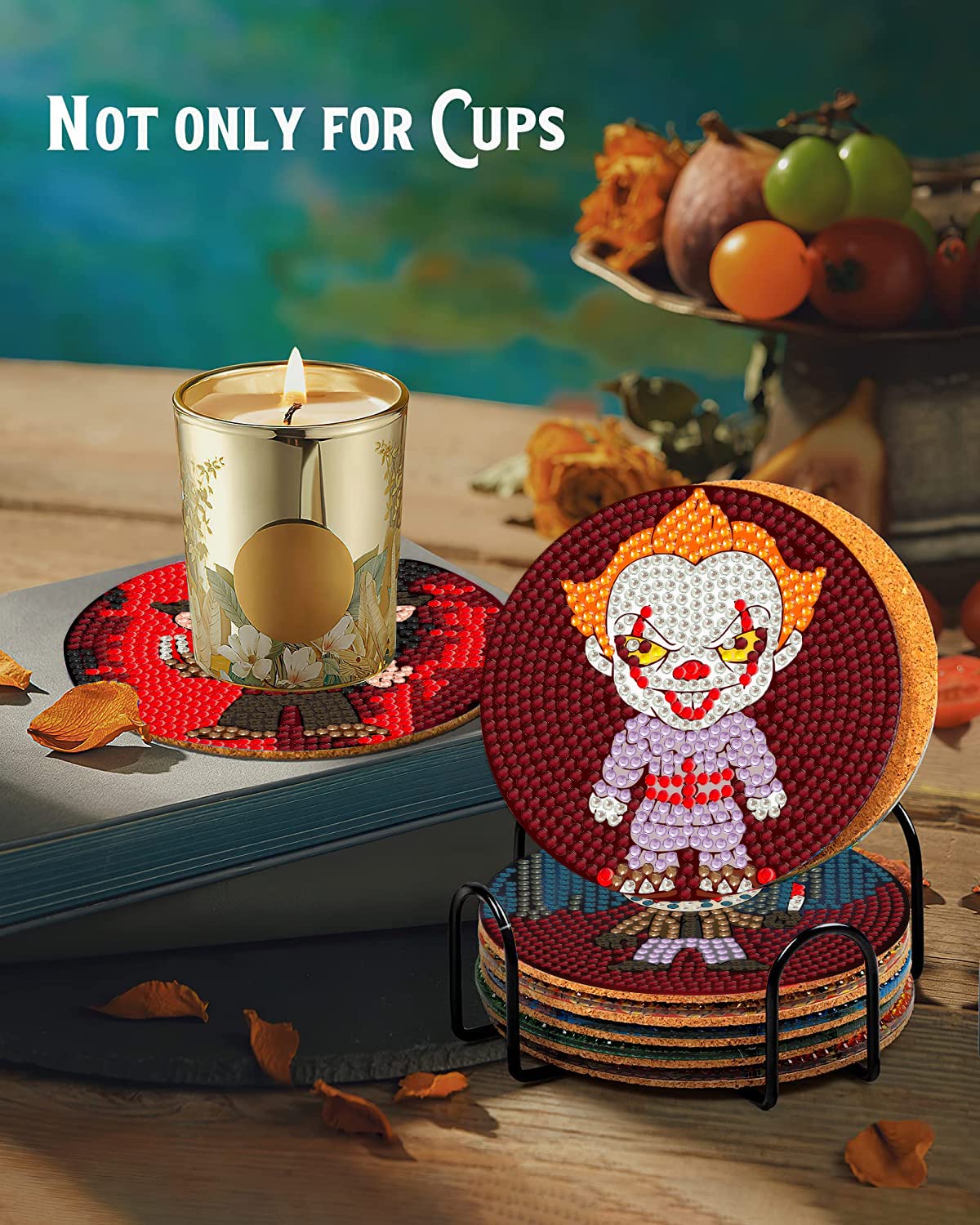 8Pcs Diamond Painting Coasters with Holder,DIY Halloween Life Coaster Diamond Art Kits for Adults Kids,Beginners Round Full Drill Diamond Art Craft Supplies tigdtiu