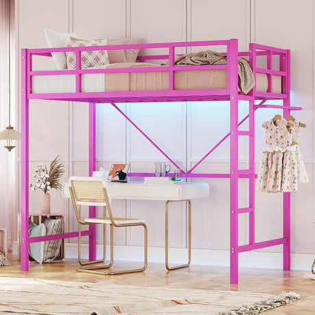 DICTAC Loft Bed Twin Size with Led Lights Metal Twin Loft Bed Frame with Full-Length Guardrail and Stair for Junior, Heavy Duty Metal Slats Support,Noise-Free, Space-Saving, No Box Spring Needed, Pink DICTAC