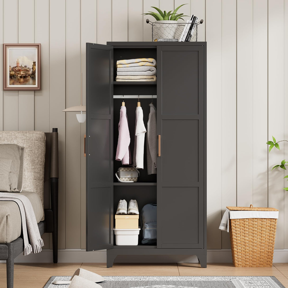 71" Metal Wardrobe Cabinet with Hanging Rod, Metal Clothing Storage Cabinets with 2 Doors and Adjustable Shelves, Armoire Wardrobe Closet for Bedroom, Laundry Room, Cloak Room, Black Bestoo