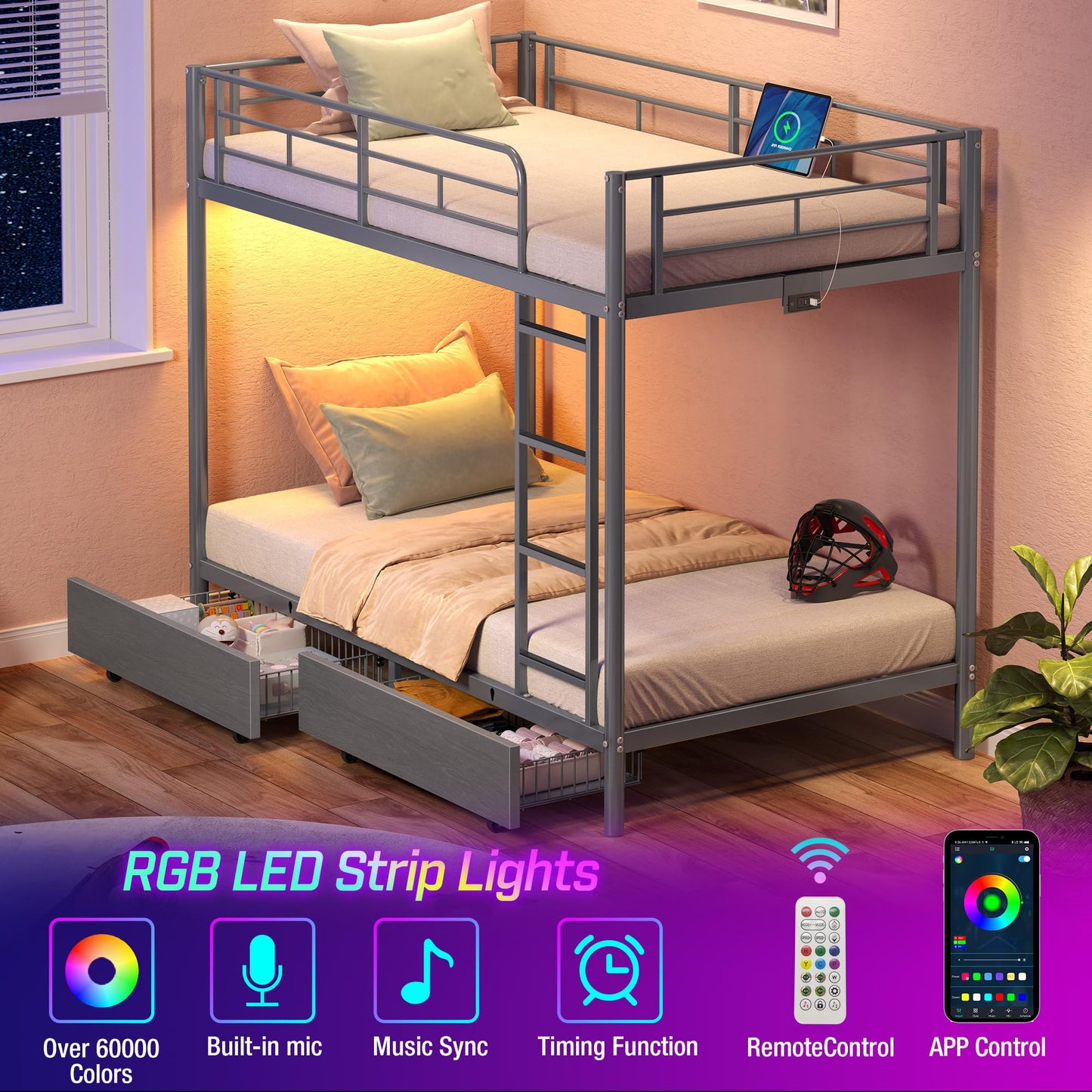 Rolanstar Metal Bunk Bed Twin Over Twin with USB Charging Station, LED Bunk Bed with 2 Storage Drawers, Bed with Safety Guardrail & Ladders, No Box Spring Needed, Easy Assembly, Grey