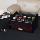 Woodronic Watch Organizer Case, 10 Slots Wood Watch Box Display Holder with Storage Drawer and Pillows, Glossy Finish, Glass Top and 2-Tiered Design, Gift for Men (Flat-top) Woodronic