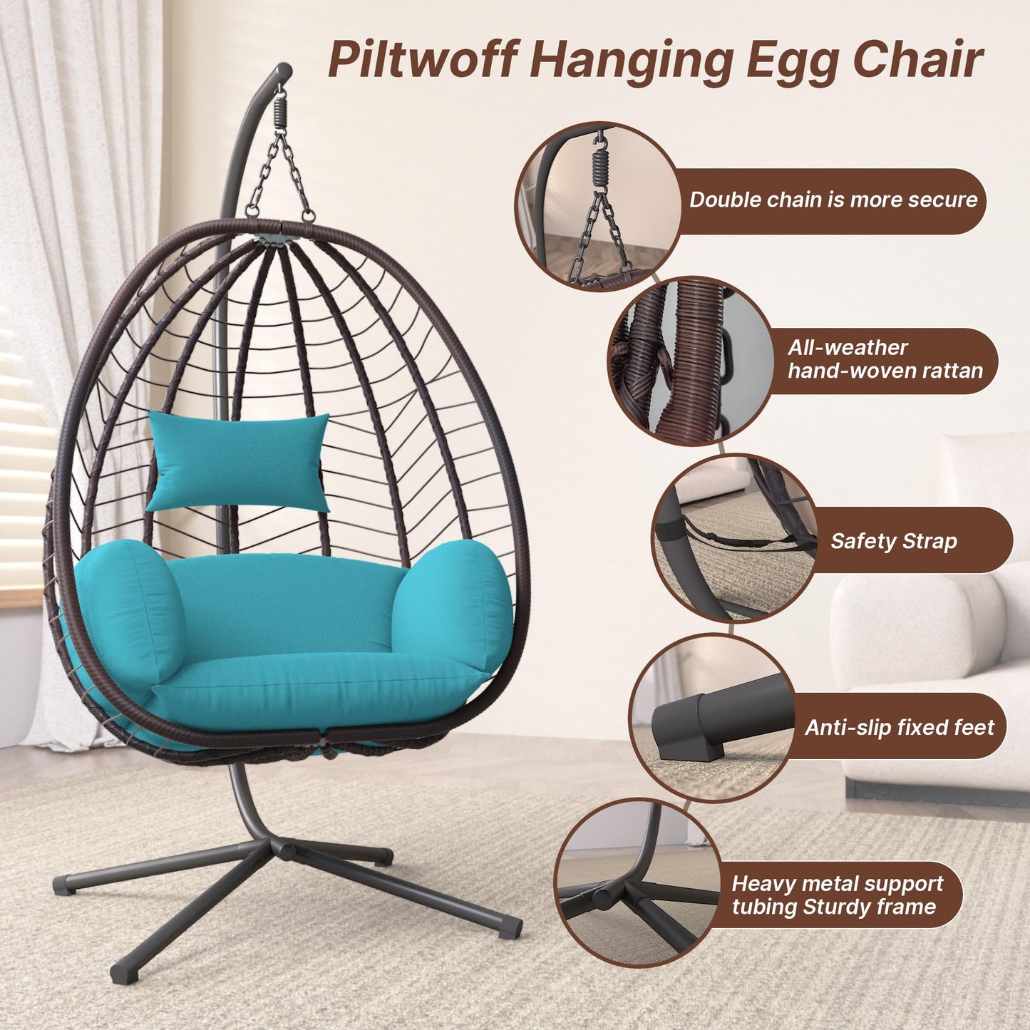 Piltwoff Hanging Egg Chair with Stand, Indoor Outdoor Wicker Rattan Egg Swing Chair with Cushion Headrest, Hammock Chair 350lbs Capacity for Bedroom Patio Porch Garden Balcony(Blue)