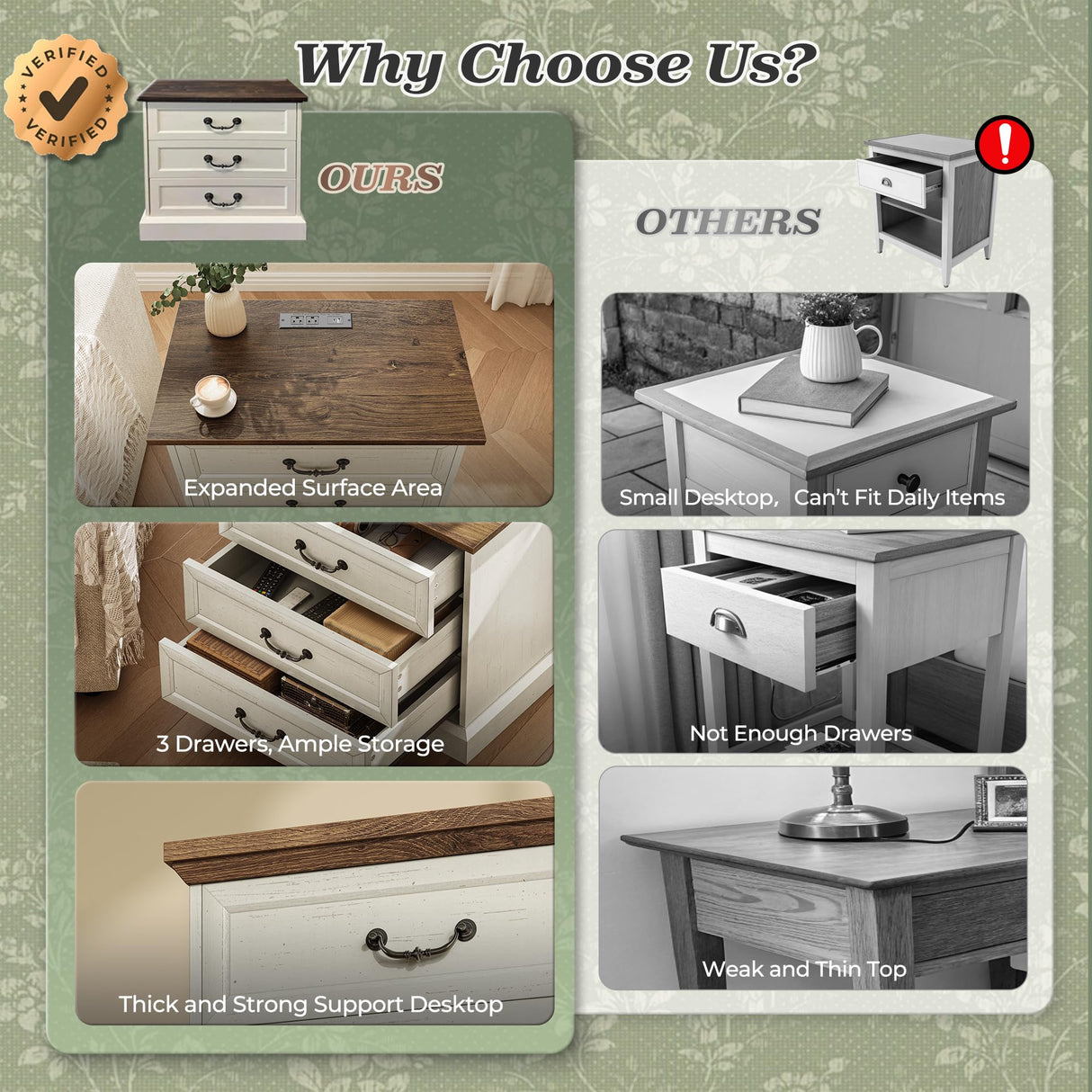 Huuger Nightstand with Charging Station, 3 Drawer Night Stand Set of 2, 22 Inch Wider Side Table with Storage, Farmhouse Nightstand with Vintage Handles, Thicken Base, for Bedroom, Distressed White Huuger