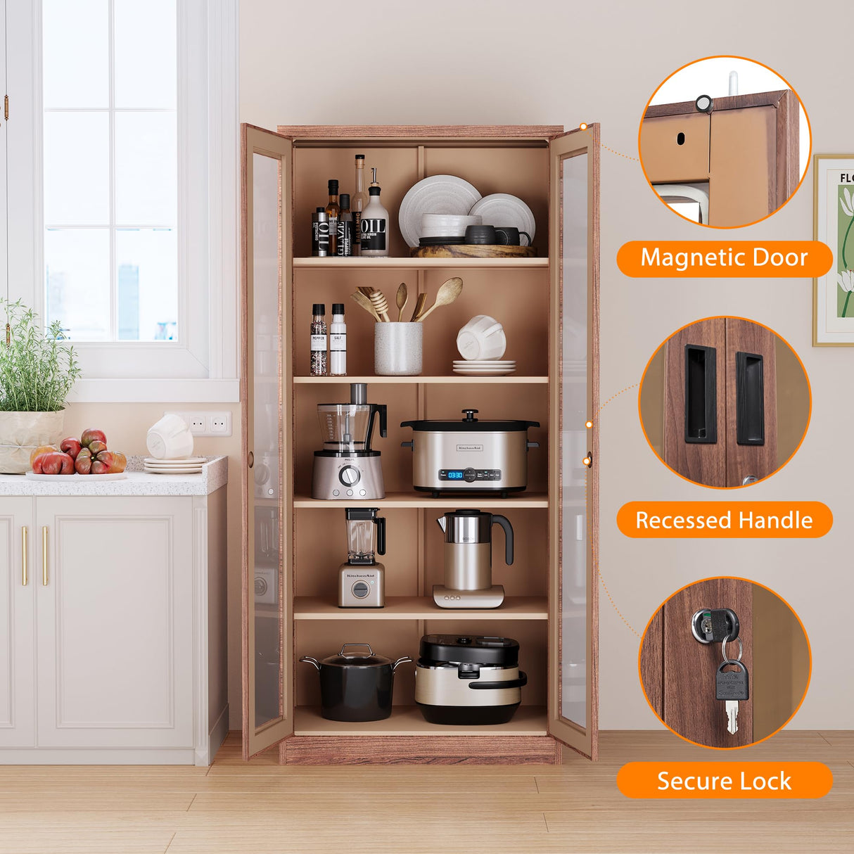 LISSIMO Glass Display Cabinet,Metal Storage Cabinet Bookcase with Glass Doors and 4 Adjustable Shelves,Curio Cabinet Liquor Cabinet with Lock for Home,Office and Exhibition Hall (Rustic Brown) LISSIMO