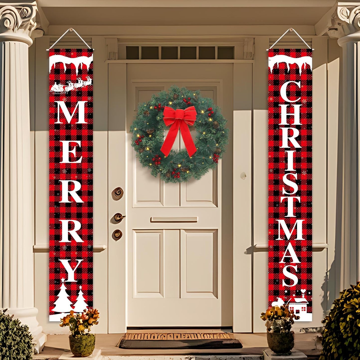 Outdoor Christmas Wreath for Front Door, Christmas Wreaths 20in Indoor Christmas Wreath, PVC Tips, Bow Ribbon, Christmas Door Banner