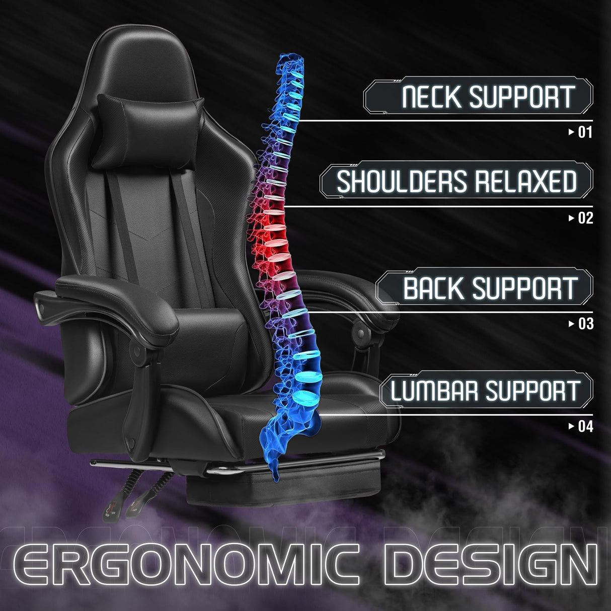 Homall Gaming Chair, Video Game Chair with Footrest and Massage Lumbar Support, Ergonomic Computer Chair Height Adjustable with Swivel Seat and Headrest (Dark Black) Homall