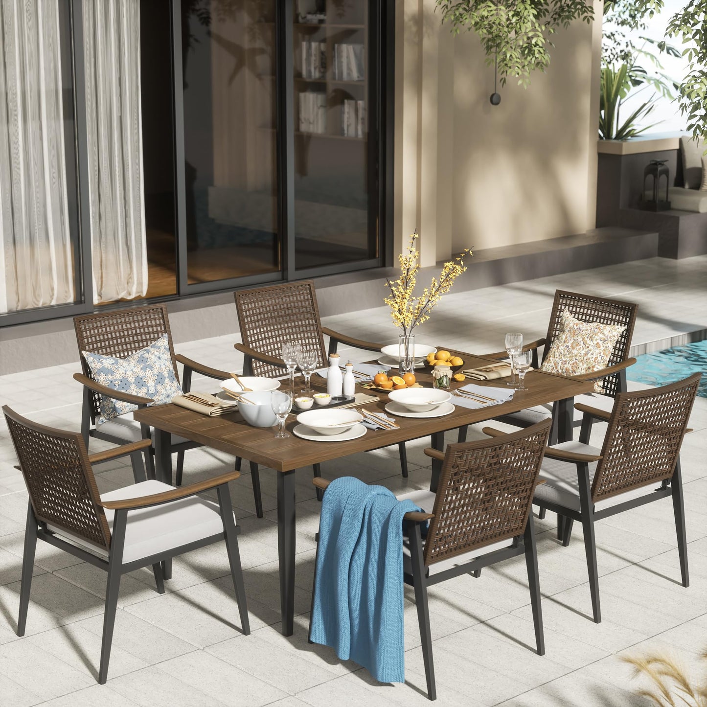 NATURAL EXPRESSIONS 7 Piece Patio Dining Table Outdoor Furniture Set, 6 Rattan Wicker Chairs with Cushions and 70” Large Dining Table with 1.65'' Umbrella Hole for Patio, Garden, Porch, Pool  - WoodArtSupply