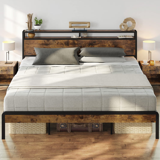 LIKIMIO King Size Platform Bed Frame with 2-Tier Storage Headboard in Vintage Brown - WoodArtSupply