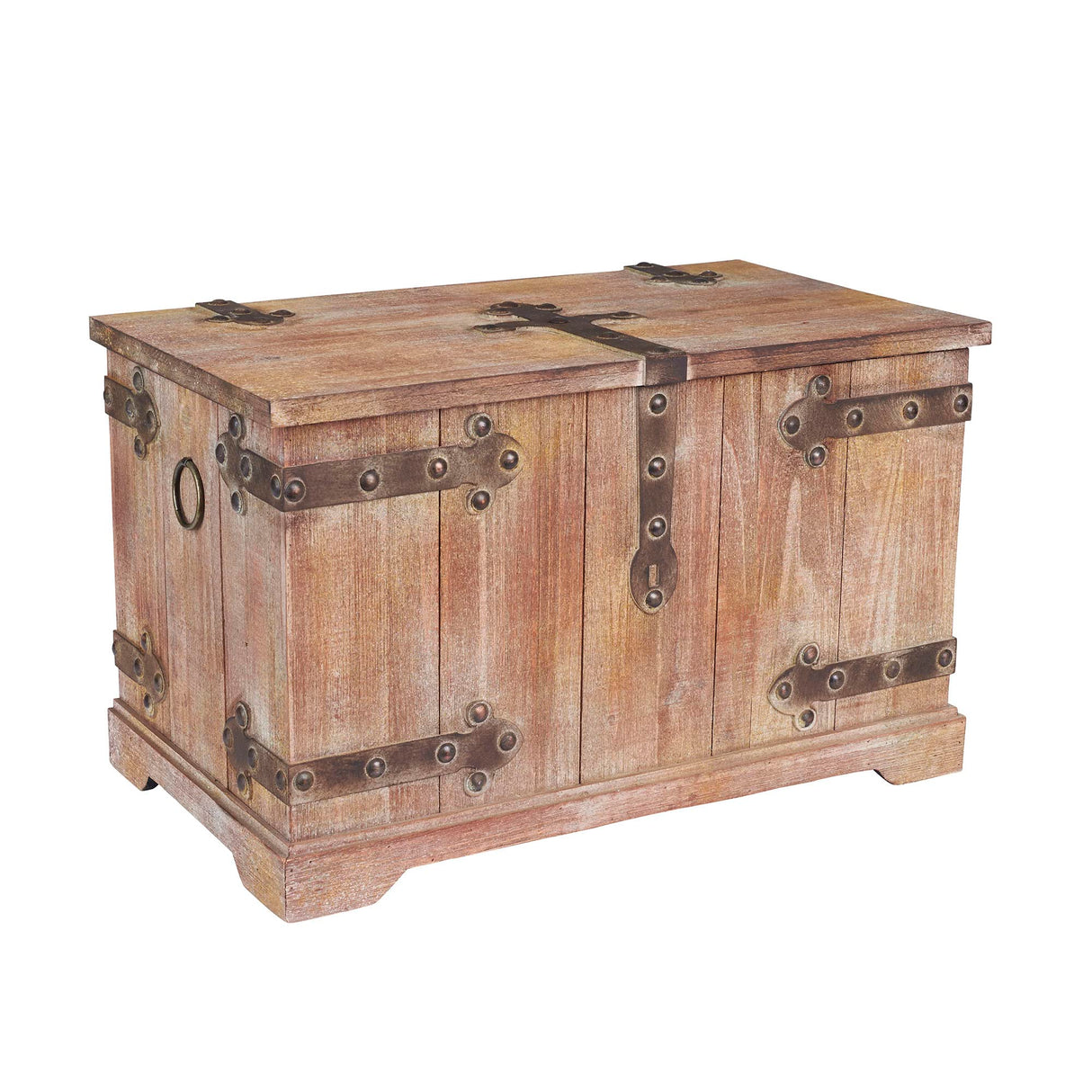 Household Essentials Decorative Trunk, Victorian, Large, Chinese Fir Wood, Aged-Wood Finish with Metal Accents, Fully Opening Lid, Stout Design, Ring Handles Household Essentials