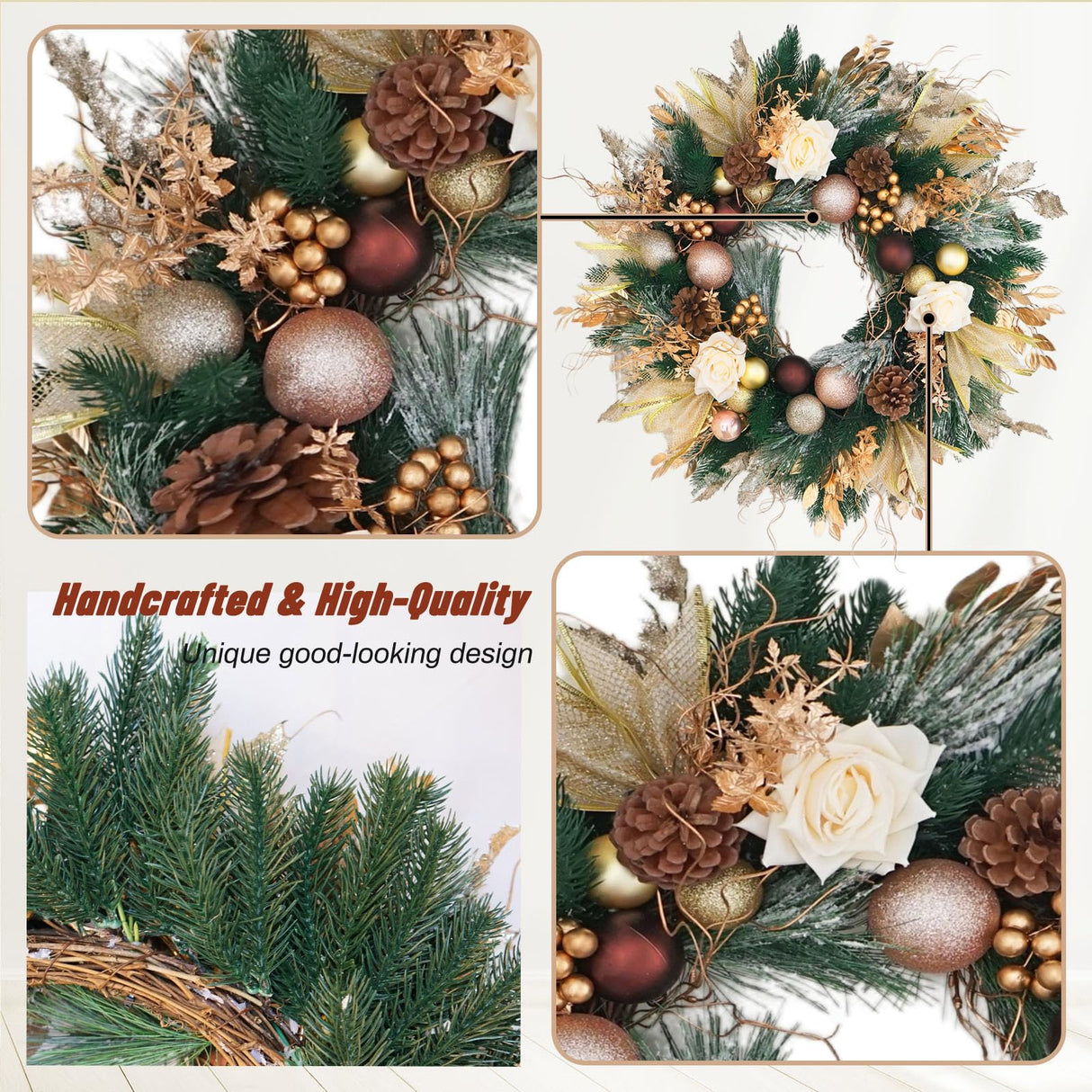 Christmas Wreaths for Front Door with Lights Pre-Lit, Soomeir 24“ Champagne Gold Door Wreath with Ball Ornaments, Battery Operated Holiday Thanksgiving Fall Winter Decor (Gold) Soomeir