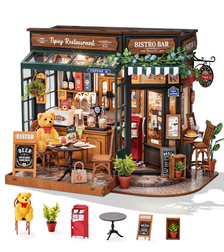 Rolife DIY Miniature House Kit 1:18 Coffe&Bar Dollhouse Diorama Model, Build Mini House Building Kit with LED Light Hobby Crafts for Adults Gift for Him Her (Tipsy Restaurant) Rolife