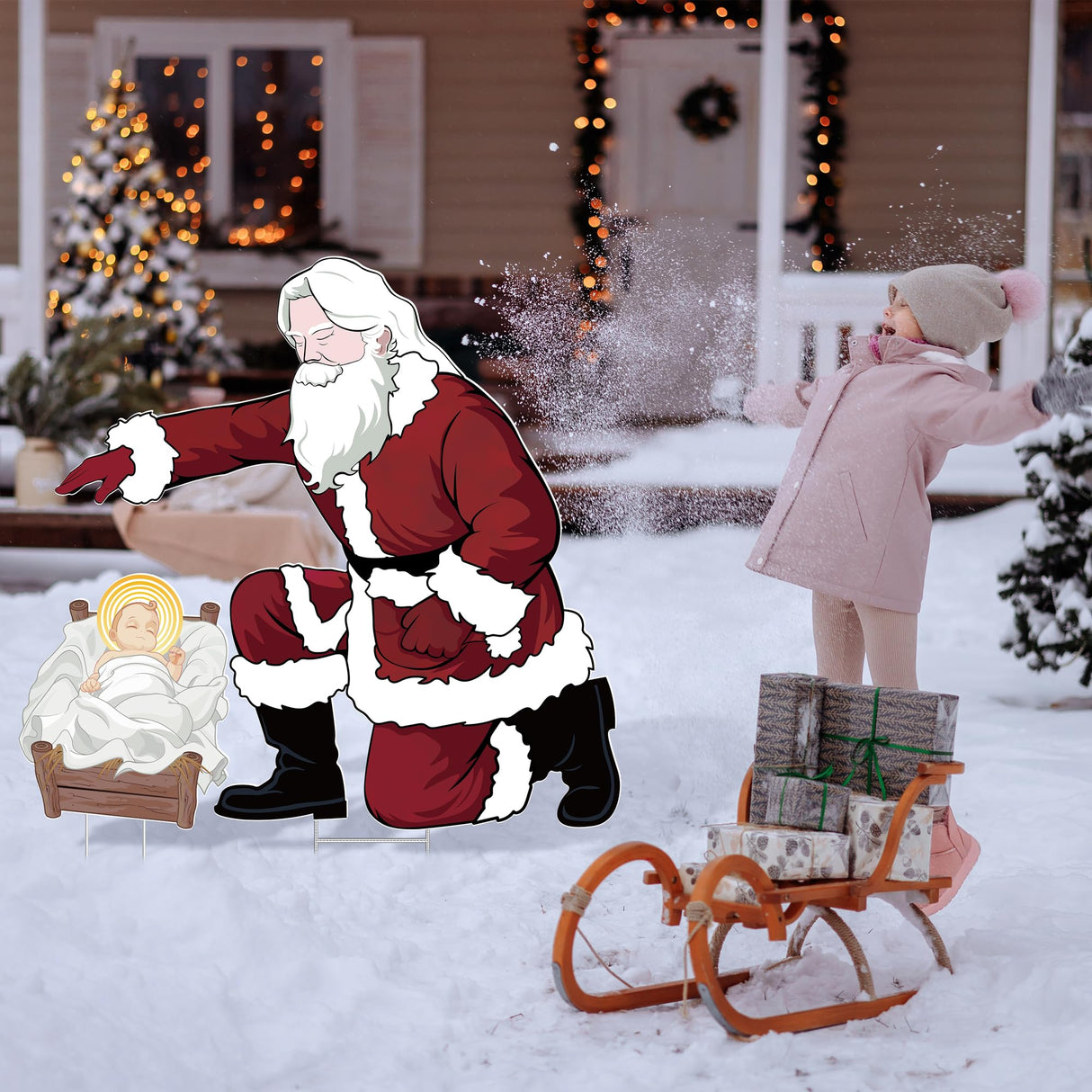 Vivantia Santa Jesus Nativity Set Large 90cm Tall Weatherproof Religious Santa Holy Jesus Birth Christian Nativity Scene with Metal Stakes for Outdoor Christmas Holiday Lawn Home Garden Yard Decor Vivantia