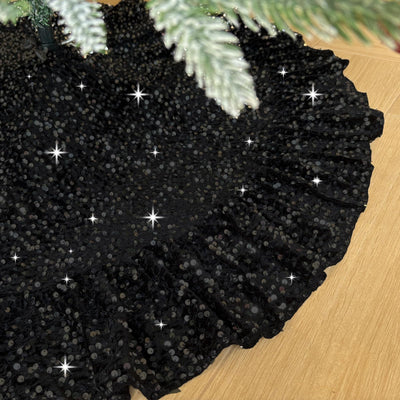 Glissora Black Christmas Tree Skirt 45 Inch Sequin Ruffle Tree Skirts Night Mare Before Christmas Tree Skirt for Halloween Tree Floor Mat Velvet Ruffled Tree Skiet for Pencil Tree Xmas Holiday Decor
