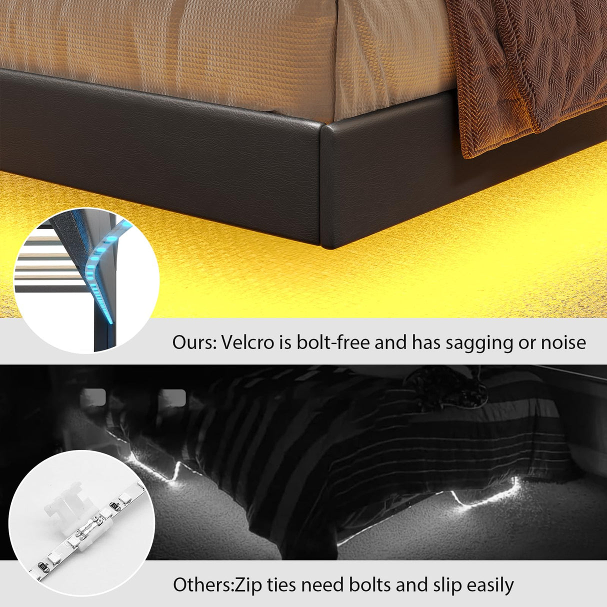 busyaeh Floating Bed Frame King with Storage & Headboard, Platform Frame with LED Lights, Upholstered King Size Floating Bed with Headboard, No Box Spring Needed, Noise-Free, Easy Assembly, PU Black busyaeh