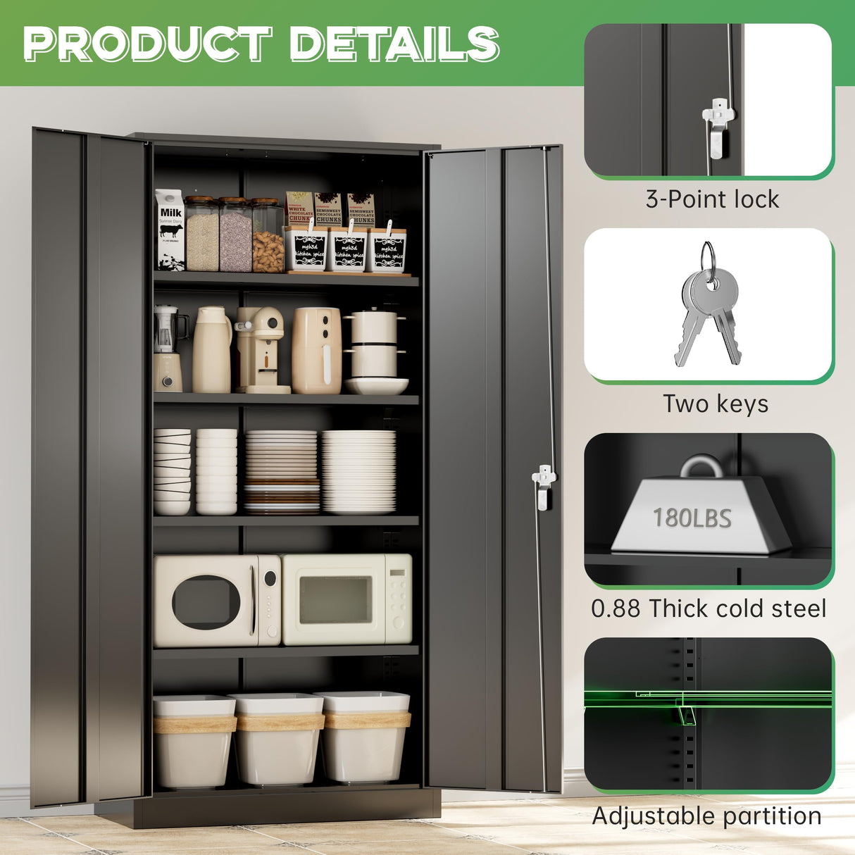 INTERGREAT 72-Inch Metal Storage Cabinet for Garage, Lockable Steel Cabinet with Doors and Adjustable Shelves, Black Locking Storage Unit for Office, Home, Gym, and School. INTERGREAT