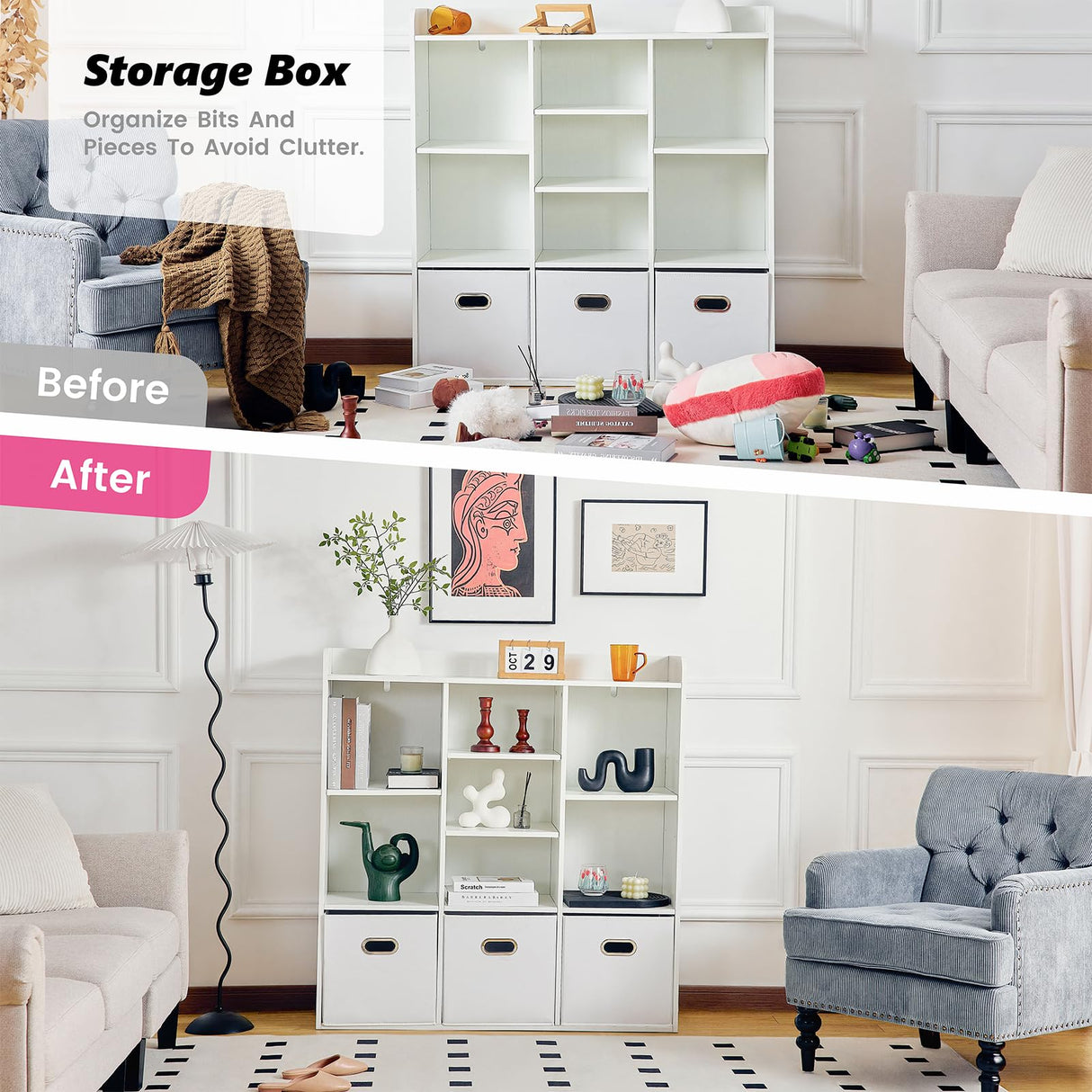 Redlife 7 Cube Bookshelf, White Cube Organizer with 3 Storage Bins, Wooden 3-Tier Bookcase with Adjustable Shelves, Modern Floor Standing Open Shelf Cabinet for Bedroom, Living Room and Office Redlifeᅟᅠ