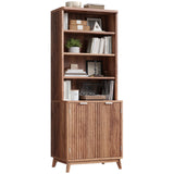 DurayLoly Tall Bookshelf with Doors, 6-Tier Bookcase with Adjustable Shelves & Storage,Fluted Cabinet Mid-Century Modern Wooden Book Shelf for Home Office, Living Room, Kitchen, Walnut DurayLoly