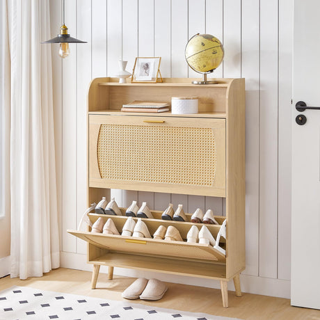 HOOBRO Rattan Shoe Storage Cabinet, Shoe Cabinet Storage for Entryway, Shoe Organizer with 2 Flip Drawers, Narrow Shoe Cabinet with Adjustable Shelves for Hallway, Living Room, Natural NN80SC01 HOOBRO