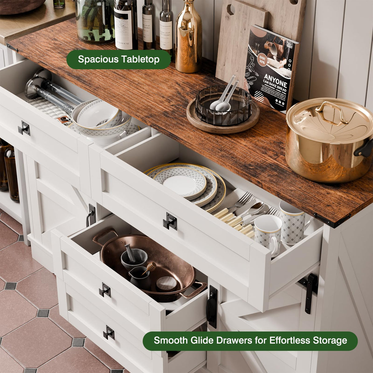 PLYFOU 55" Farmhouse Buffet Cabinet, Kitchen Sideboard with Sliding Barn Doors and 4 Drawers, Rustic Wood Storage Cabinet with Adjustable Shelves, 35'' Tall Coffee Bar Table for Dining Room, White PLYFOU