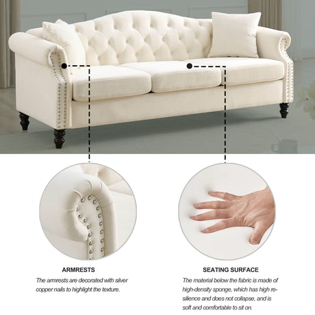 79" Velvet Chesterfield Sofa for Living Room,3 Seater Sofa Button Tufted Nailhead Trimming Curved Backrest Rolled Arms with Wood Legs with 2 Pillows,Bedroom,Office (Beige Velvet, 79*30*32") Fulocseny