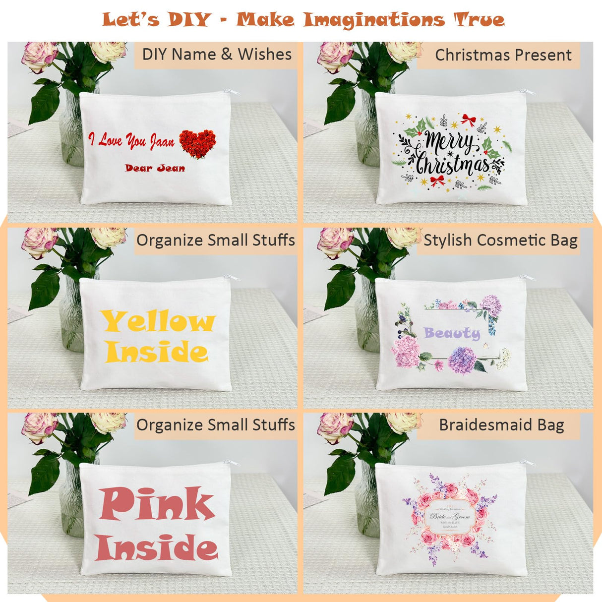 Koolmox Canvas Zipper Pouch, 40 Blank White Cloth Pouch, Pencil Pouch White Sublimation Cosmetic Pouches Blanks Makeup Bags Bulk, Black Zipper Canvas Bag Blanks for Vinyl Projects Decorating Koolmox