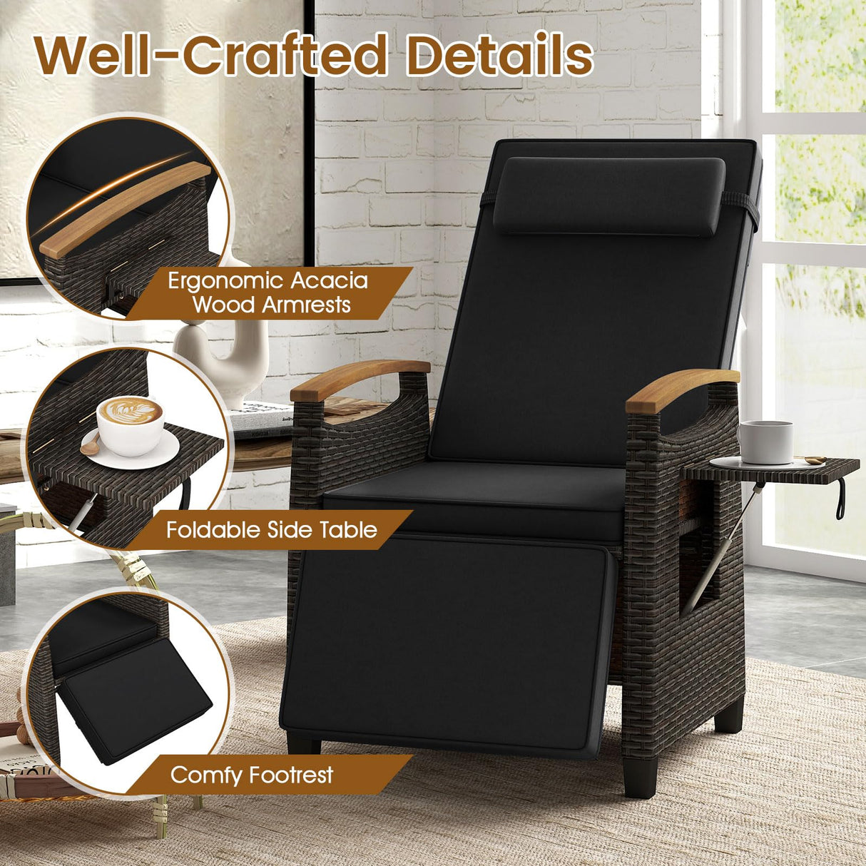 HAPPYGRILL Outdoor Rattan Wicker Chaise Lounge Recliner Chair with Adjustable Backrest & Footrest, Push Back Outside Seat w/Cushion & Flip Table for Backyard, Porch, Balcony (Black,1) HAPPYGRILL