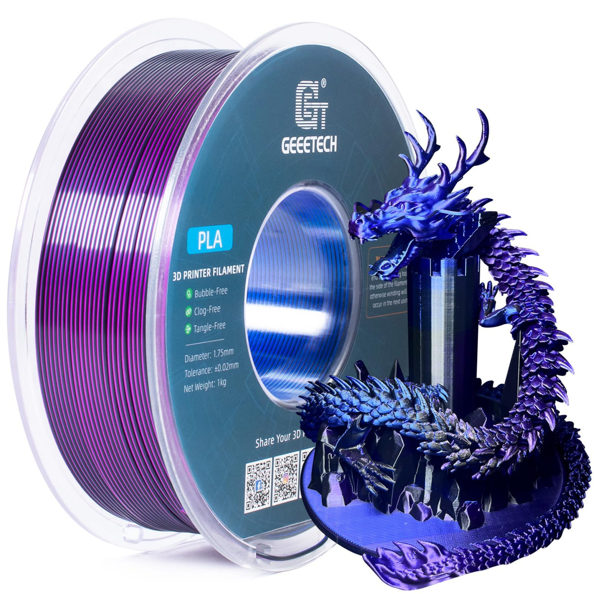 Geeetech Silk PLA Tri Color Filament 1.75mm 3D Printer Filament,Coextrusion Blue Purple Black Tri-Colors Metal-Like Shiny Silk PLA Filament,1kg (2.2lbs) 1 Spool,Dimensional Accuracy +/- 0.03 mm Geeetech