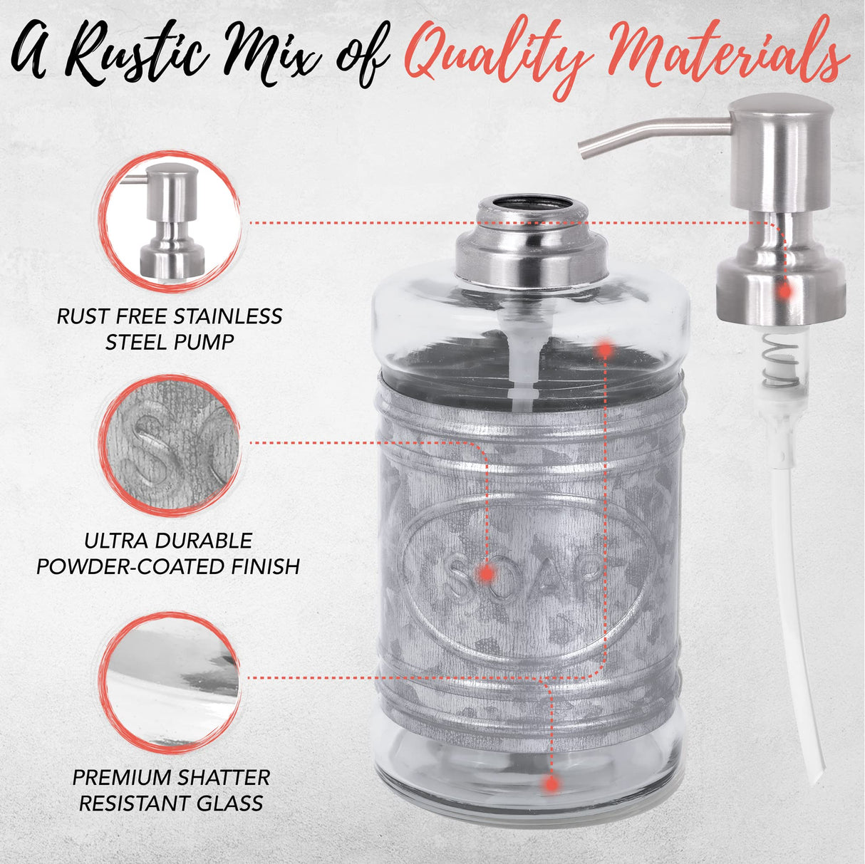 Autumn Alley Rustic Farmhouse Glass and Galvanized Bathroom Accessories Set (4 PCS) - Lotion Soap Dispenser, Toothbrush Holder, 2 Apothecary Jars (Qtip Holder) - Rustic Farmhouse Bathroom Decor Autumn Alley