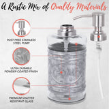 Autumn Alley Rustic Farmhouse Glass and Galvanized Bathroom Accessories Set (4 PCS) - Lotion Soap Dispenser, Toothbrush Holder, 2 Apothecary Jars (Qtip Holder) - Rustic Farmhouse Bathroom Decor Autumn Alley