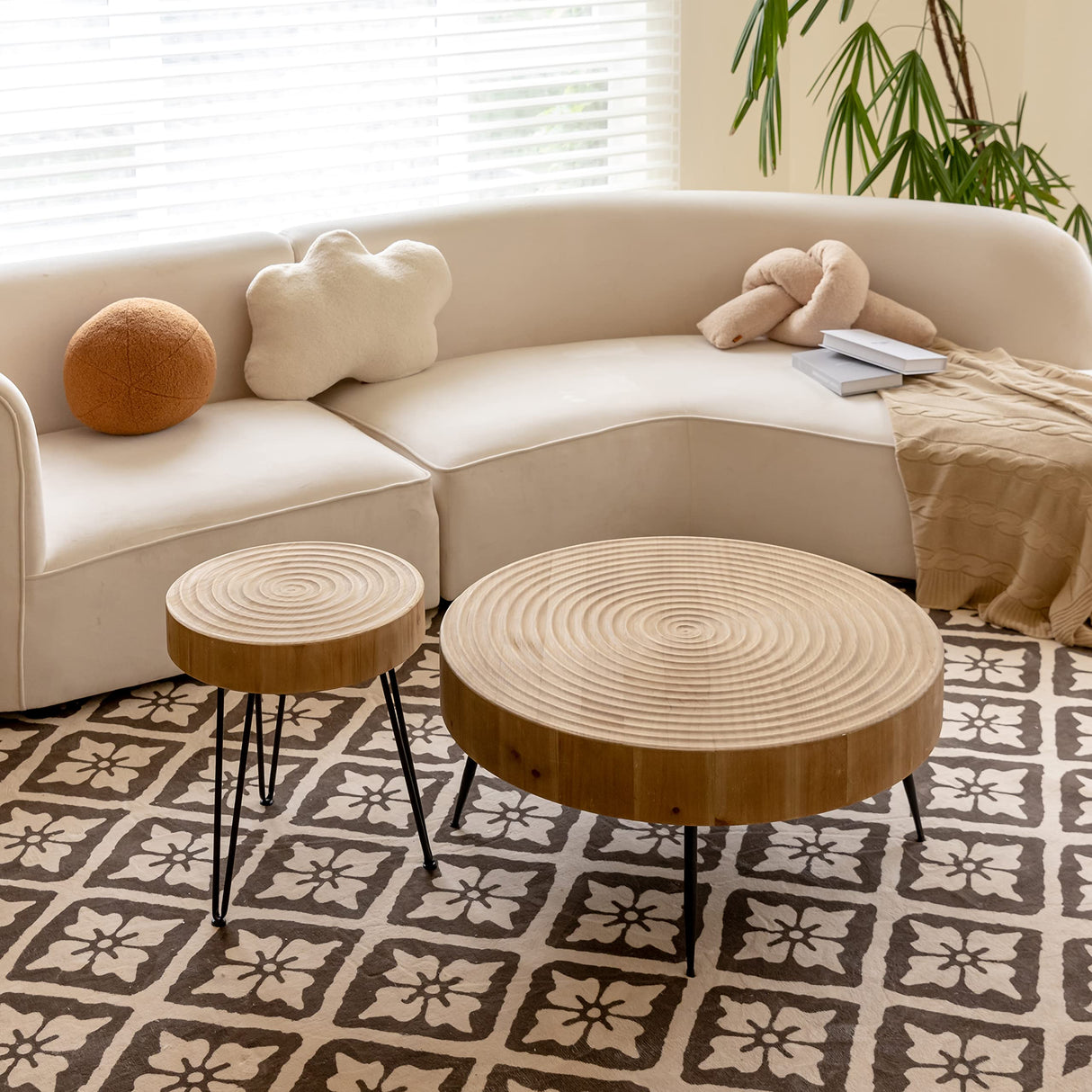 LONYKE 2-Piece Boho Farmhouse Living Room Coffee Table Set, Nesting Table Round Natural Finish with Handcrafted Wood Ring Motif, French Country Decor, Round LONYKE