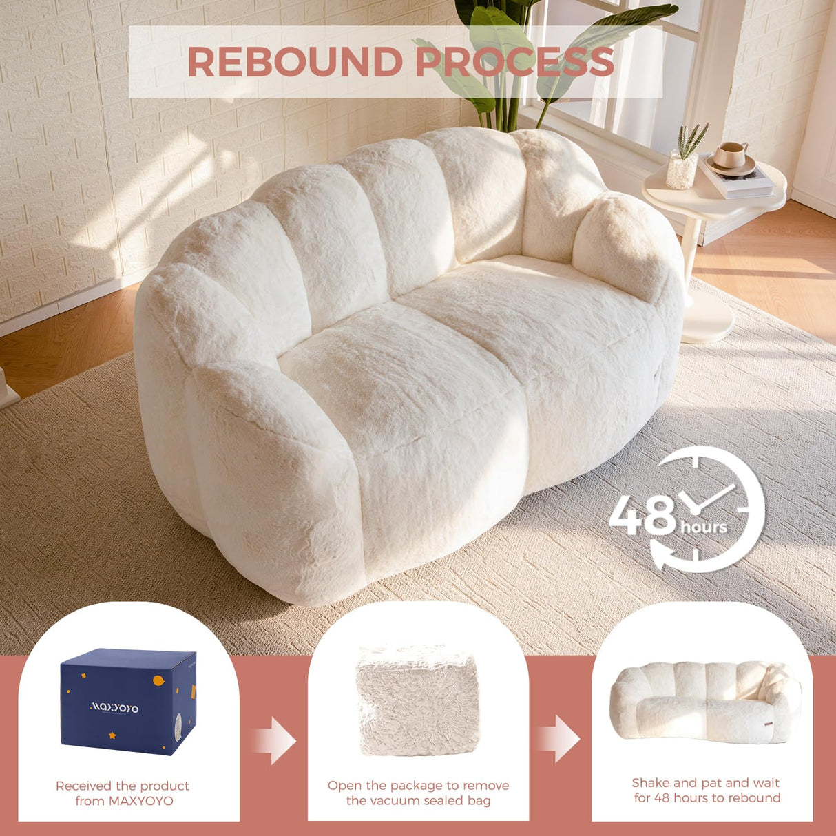 MAXYOYO Bean Bag Chair for Adults, Loveseat Floral Shaped Bean Bag Sofa, Ultra Soft Love Seat Mini Sofa Couch, Faux Fur Reading Chair for Living Room Bedroom, Beige MAXYOYO