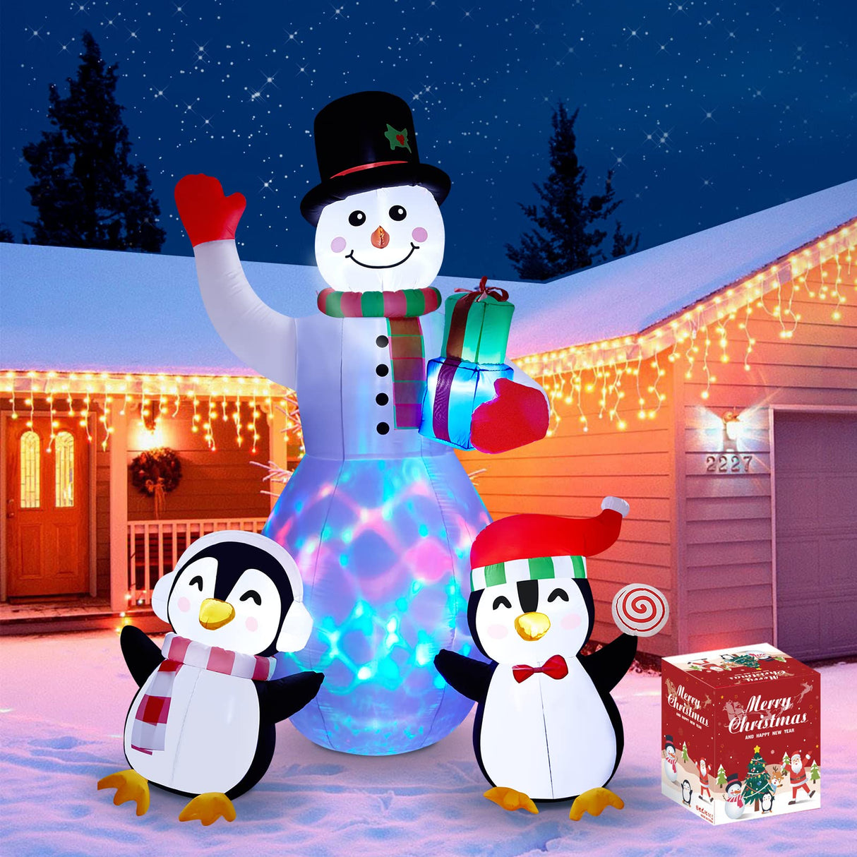 Christmas Inflatables Outdoor Decorations, 8 FT Inflatable Snowman with Penguins, SOLLED Blow Up Xmas Decorations Clearance Indoor Outdoor Yard Garden Patio Lawn Decor with LED Christmas Lights SOLLED