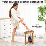 BLUEWEST Shower Foot Rest, Corner Shower Stool, Wooden Shower Foot Stool for Shaving Legs Inside Shower, Waterproof Shower Foot Rest with Storage Shelf for Small Shower Space, Shower Seats and Benches BLUEWEST