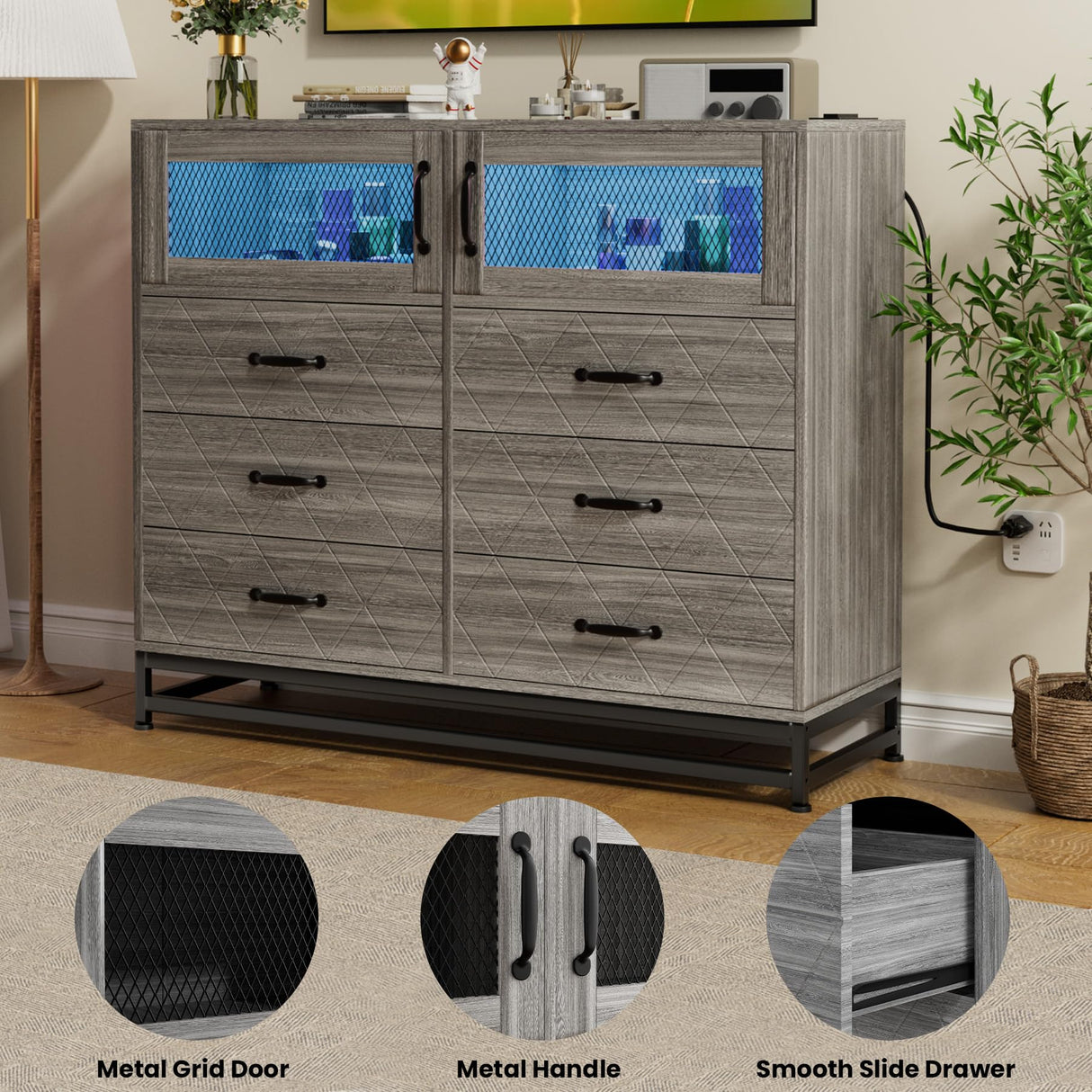 GarveeHome 6 Drawer Dresser for Bedroom with LED Lights and Charging Station, Wooden Double Dresser with 2 Shelves & Mental Grid Handle, Modern Chest of Drawers for Bedroom, Entryway, Hallway, Grey GarveeHome